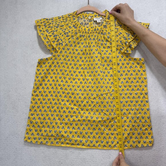 J Crew Shirt Womens Medium Yellow Blue Floral Ruffle Sleeve 100% Cotton Boho Top - Picture 2 of 9